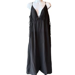 H & M Black Plunge Neck Adjustable Strap Midi Dress Size Small Semi Sheer